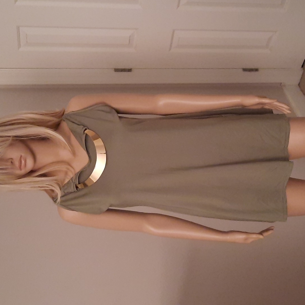 Army green blouse with gold neck charm